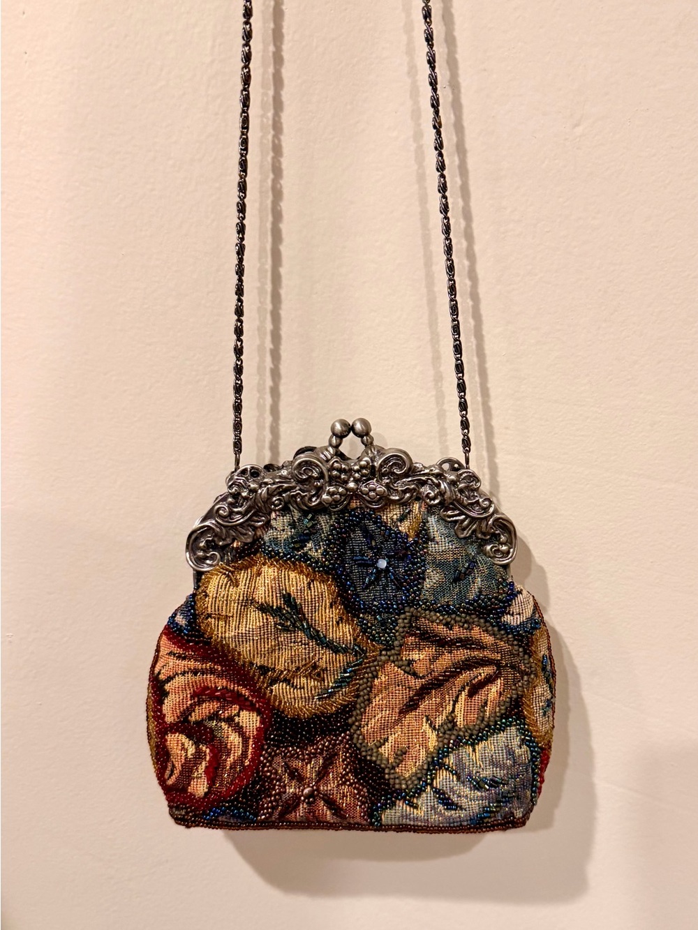 Vintage Beaded Floral Evening Clutch - Gold, Blue, Red